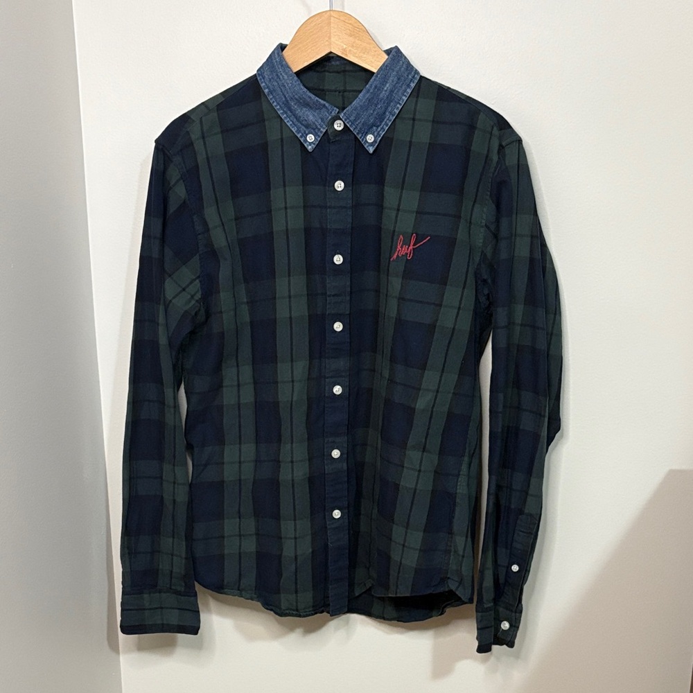 HUF Green and Navy Checkered Shirt with Denim Collar